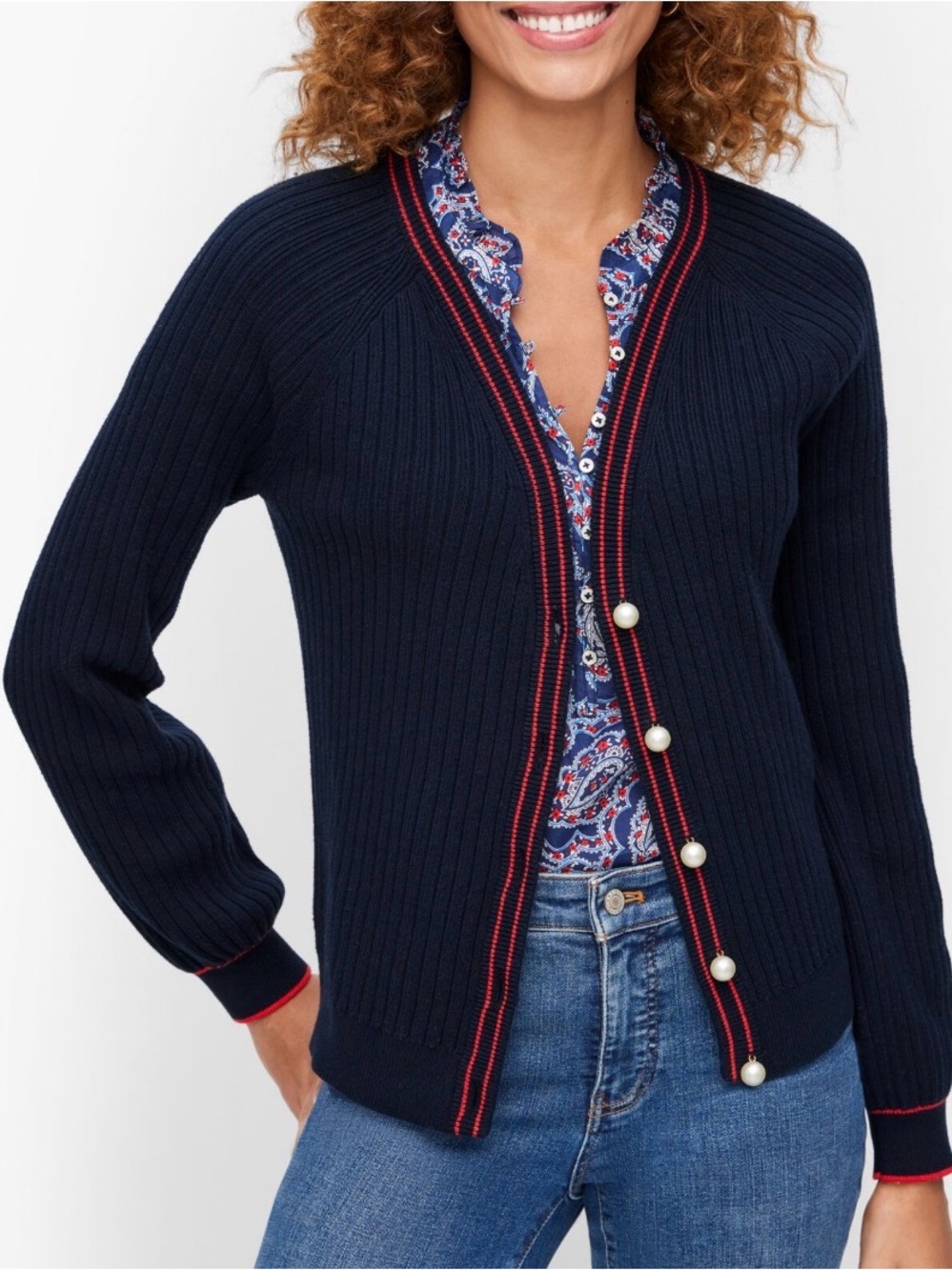 Talbots Crisp Navy Ribbed Cardigan with Red Trim and Pearl Buttons - Preppy Med.